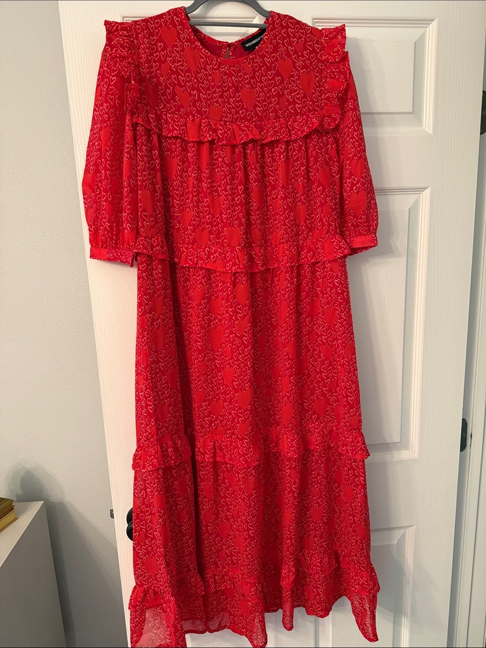 Red Ruffle Tiered Maxi Dress with Heart Print